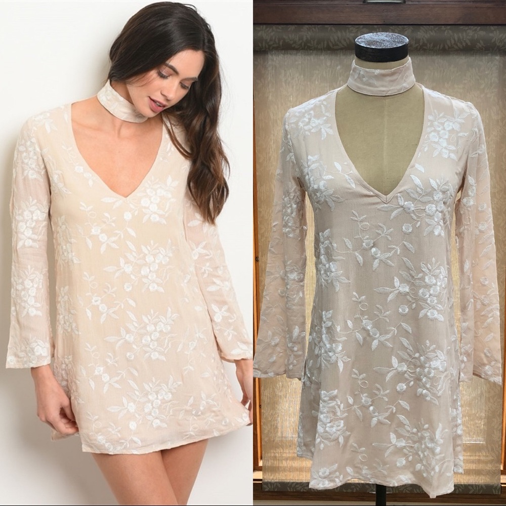 Floral Embroidered Blush Mini Dress